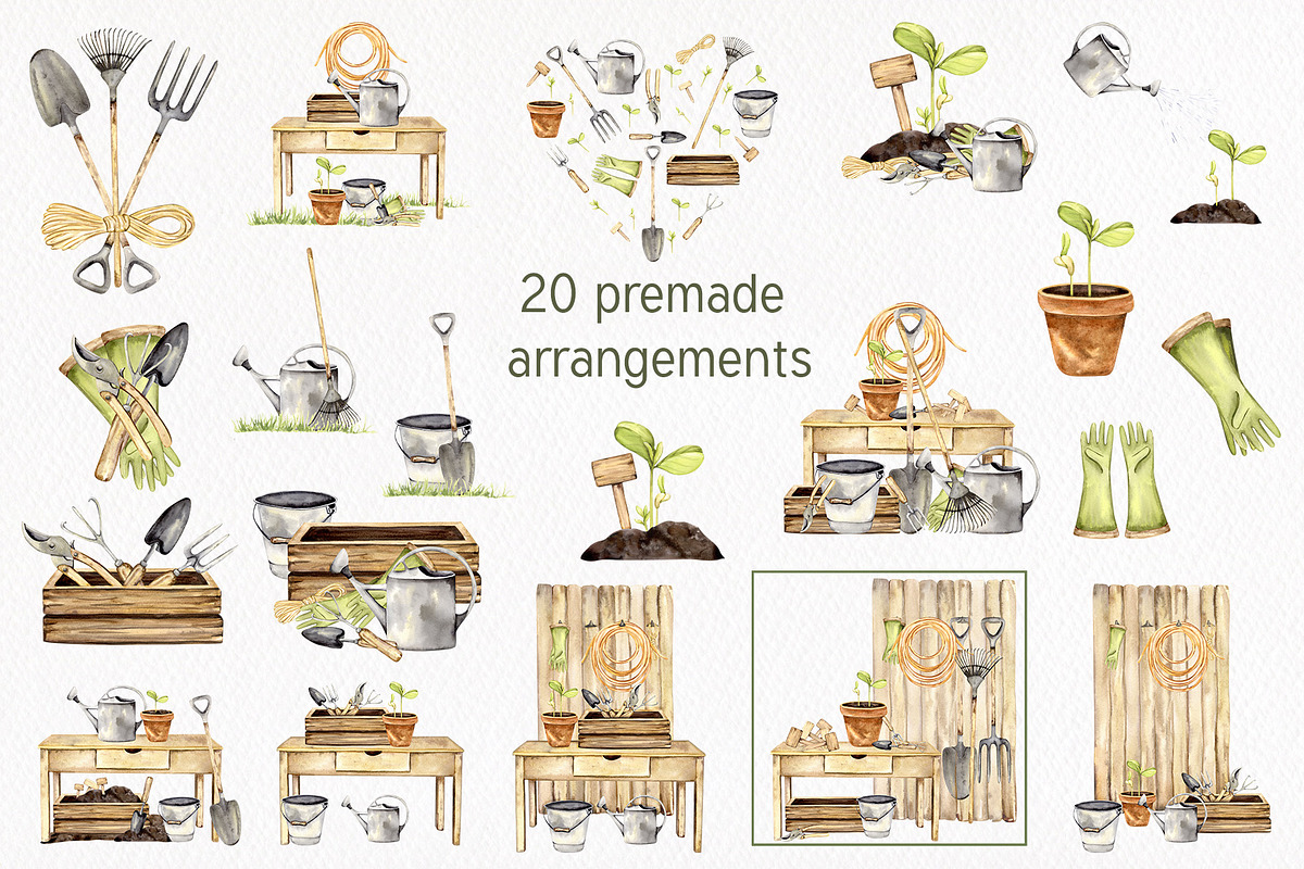 Garden Tools Watercolor Set, an Object Illustration by WatercolorElena (Photo 5 of 11)