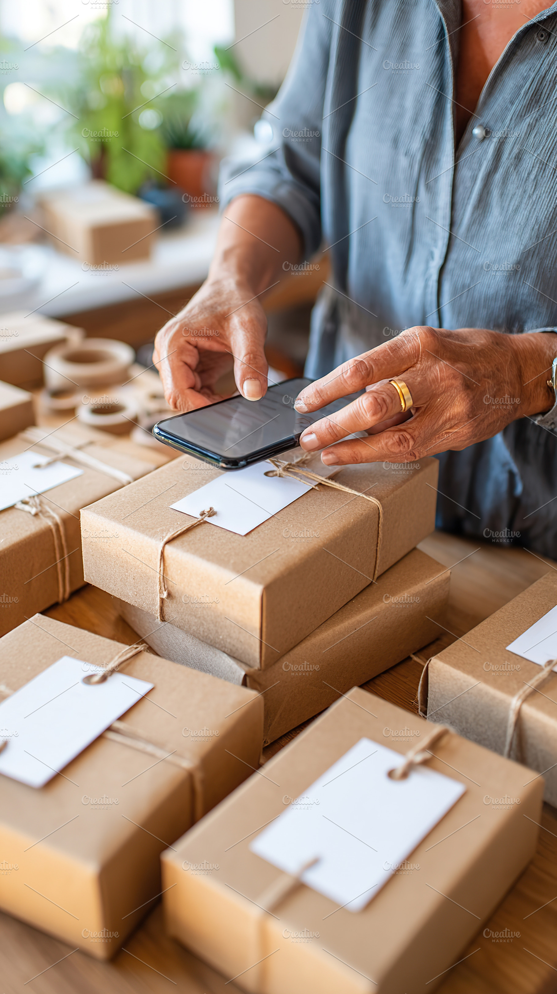 Hands preparing to photograph neatly wrapped packages on a wooden table in cozy, a Photo by AlyaAnd