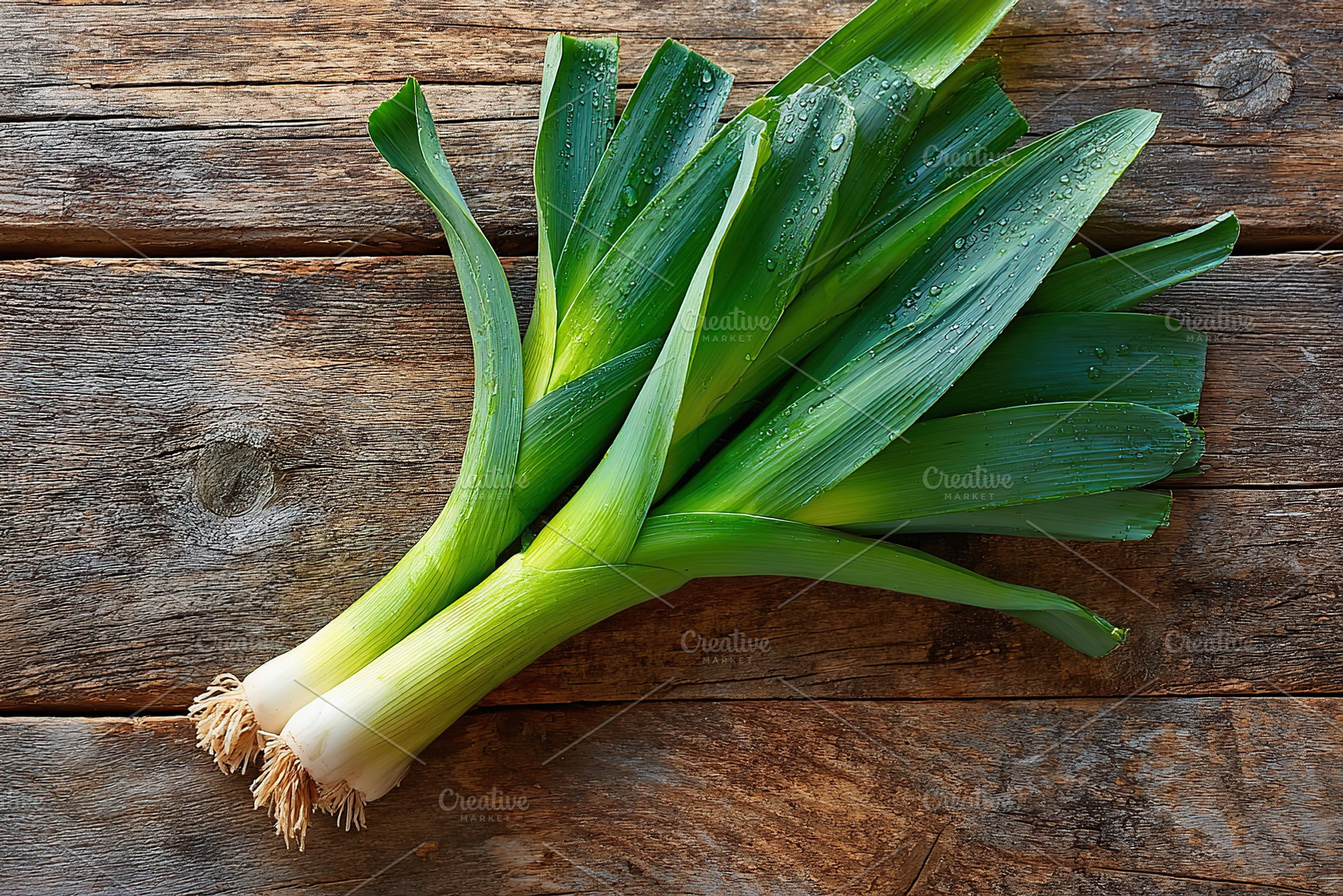 Fresh green leeks placed on rustic wooden surface in natural light, a Food & Drink Photo by AlyaAnd
