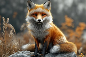 Vibrant red fox rests on a rock in a, a Photo by Tanuart