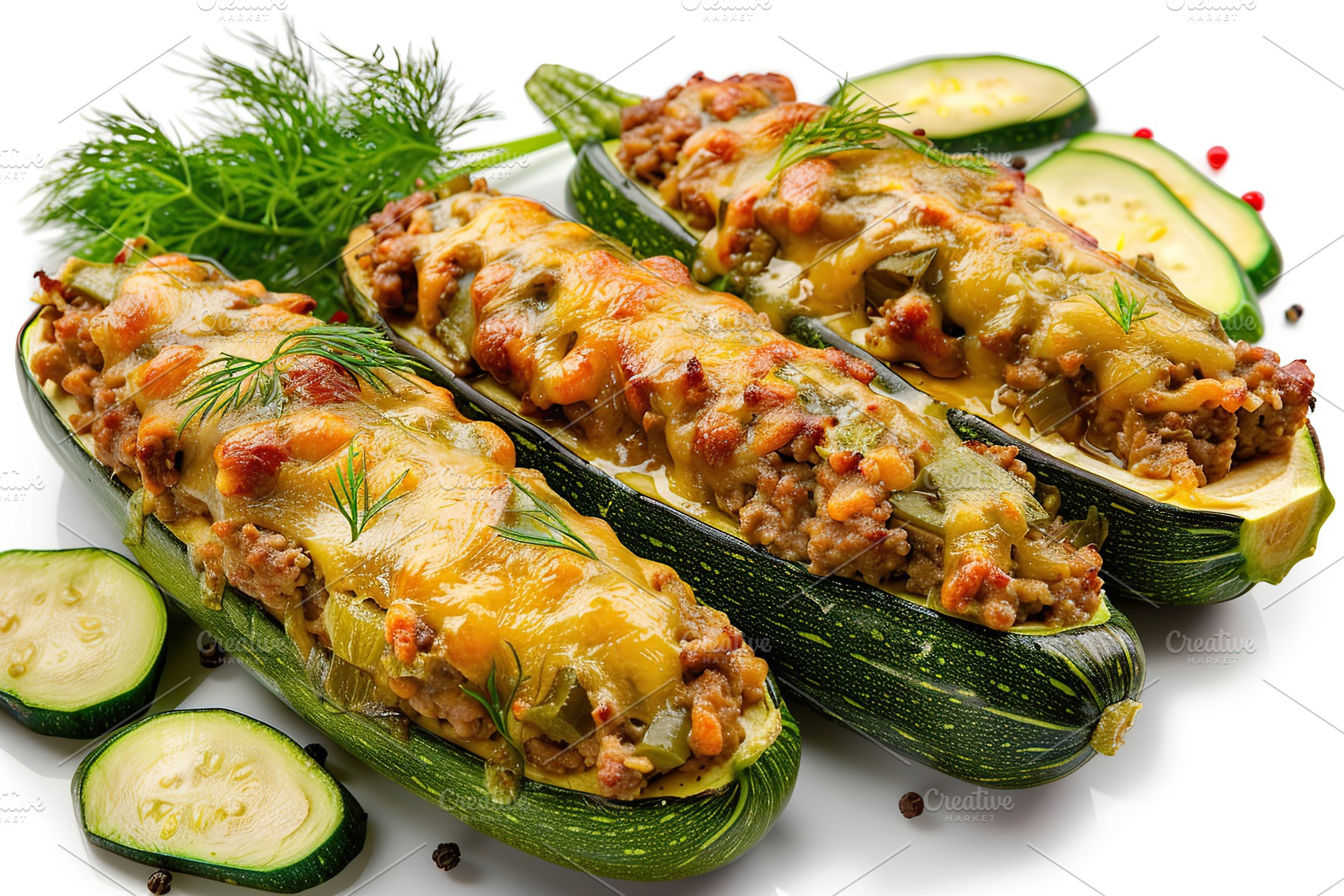 Zucchini stuffed with cheese and meat on white background, a Food & Drink Photo by AlyaAnd