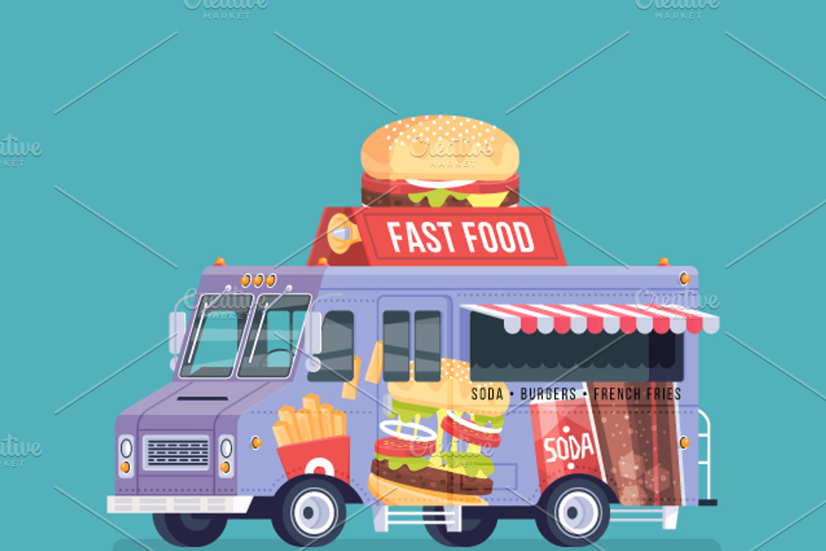 Cartoon Food Truck - Fast Food, a Food Illustration by painterr, image size:1200x800