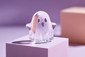 Decorative glass ghost figure on display with soft pastel background, a Photo by AlyaAnd