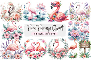 Floral Flamingo Clipart Bundle, an Illustration by DreamArtGraphic