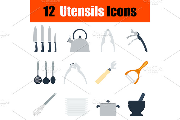 12 Utensils Flat Design Icons