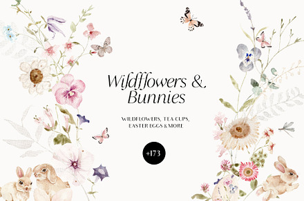 Watercolor wildflowers & Bunnies Set, a Graphic by Grace Noboa Illustrations