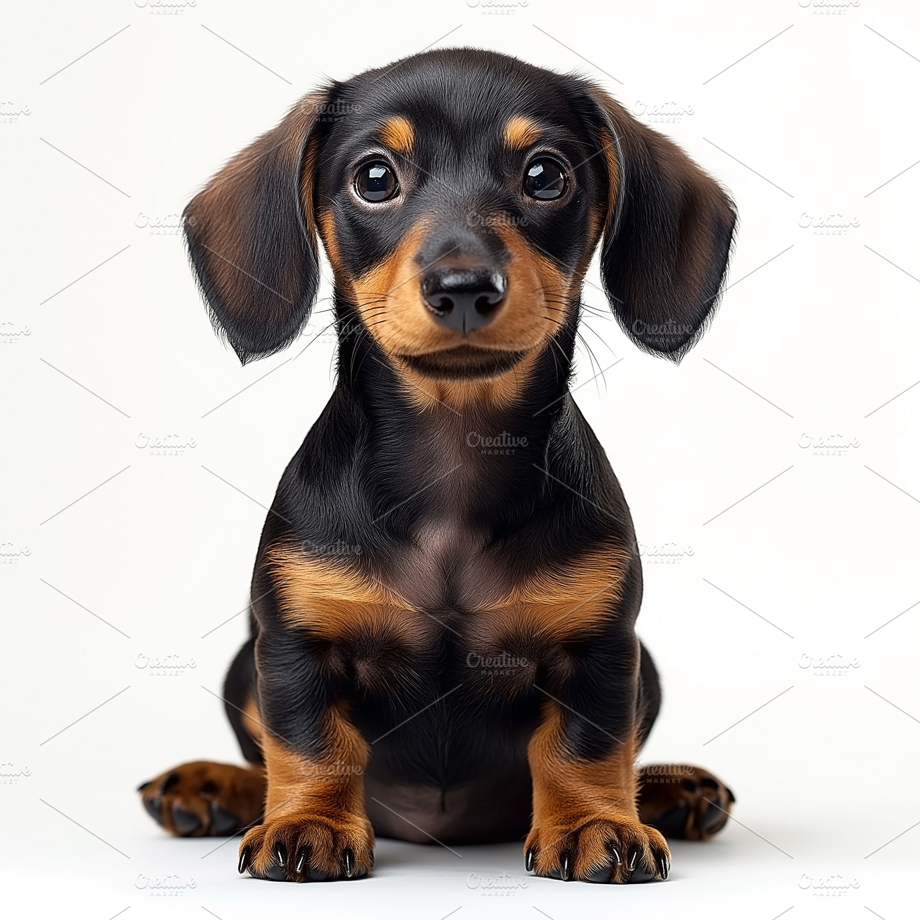 Adorable black and tan Dachshund puppy, sitting cutely with big eyes and a shin, an Animal Photo by ImageMir