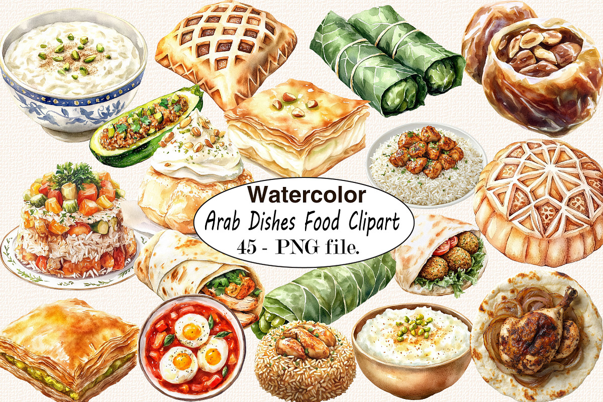 Watercolor Arab Dishes Food Clipart, a Food Illustration by SVGArt (Photo 1 of 5)