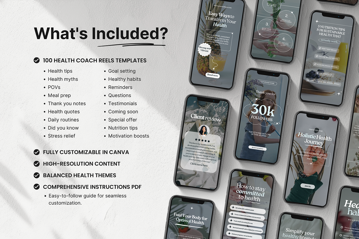 100 Health Coach Instagram Reels, a Social Media Template by DigiPax (Photo 2 of 10)