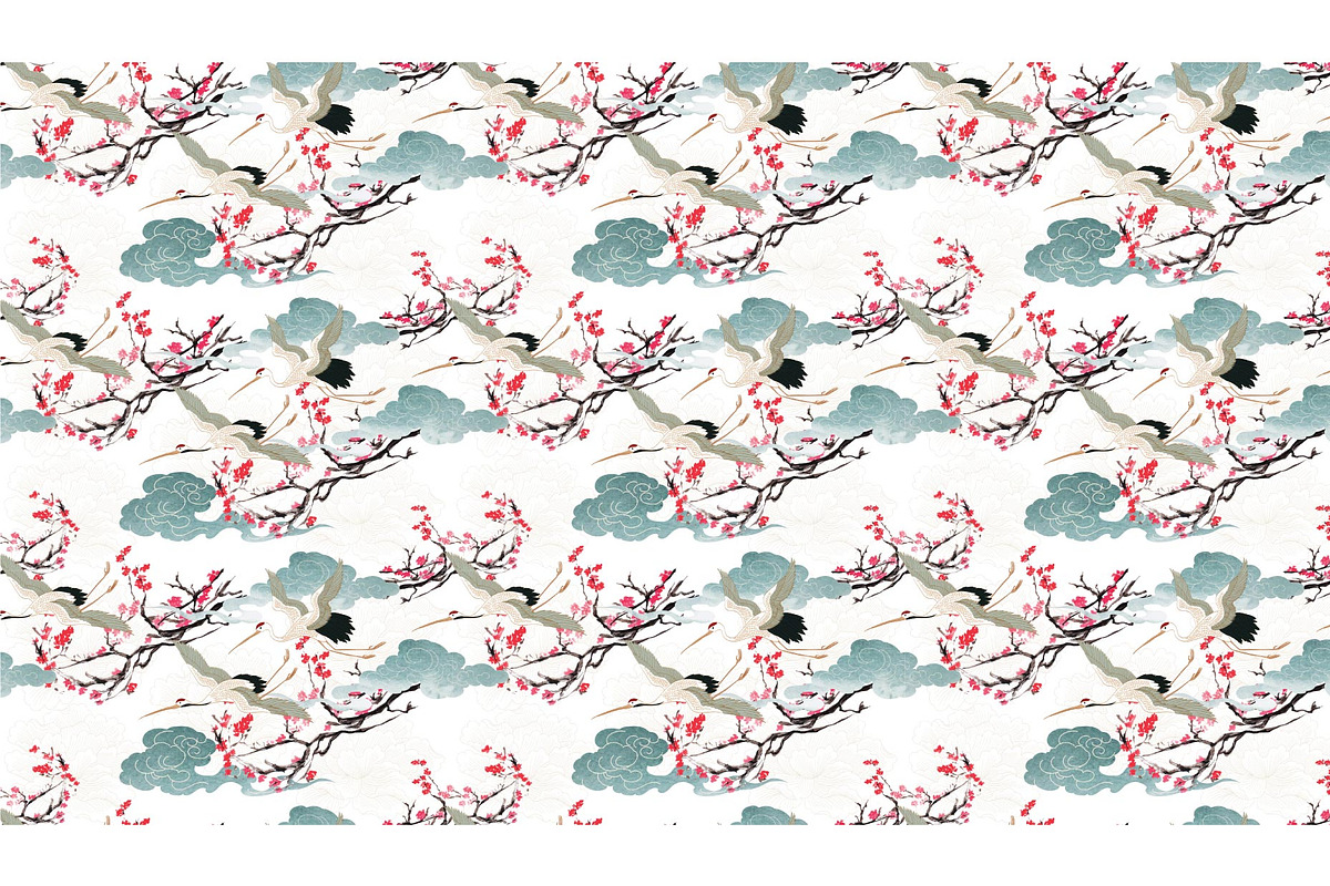 crane bird and cherry blossom flower, a Pattern Graphic by marukopum (Photo 3 of 3)