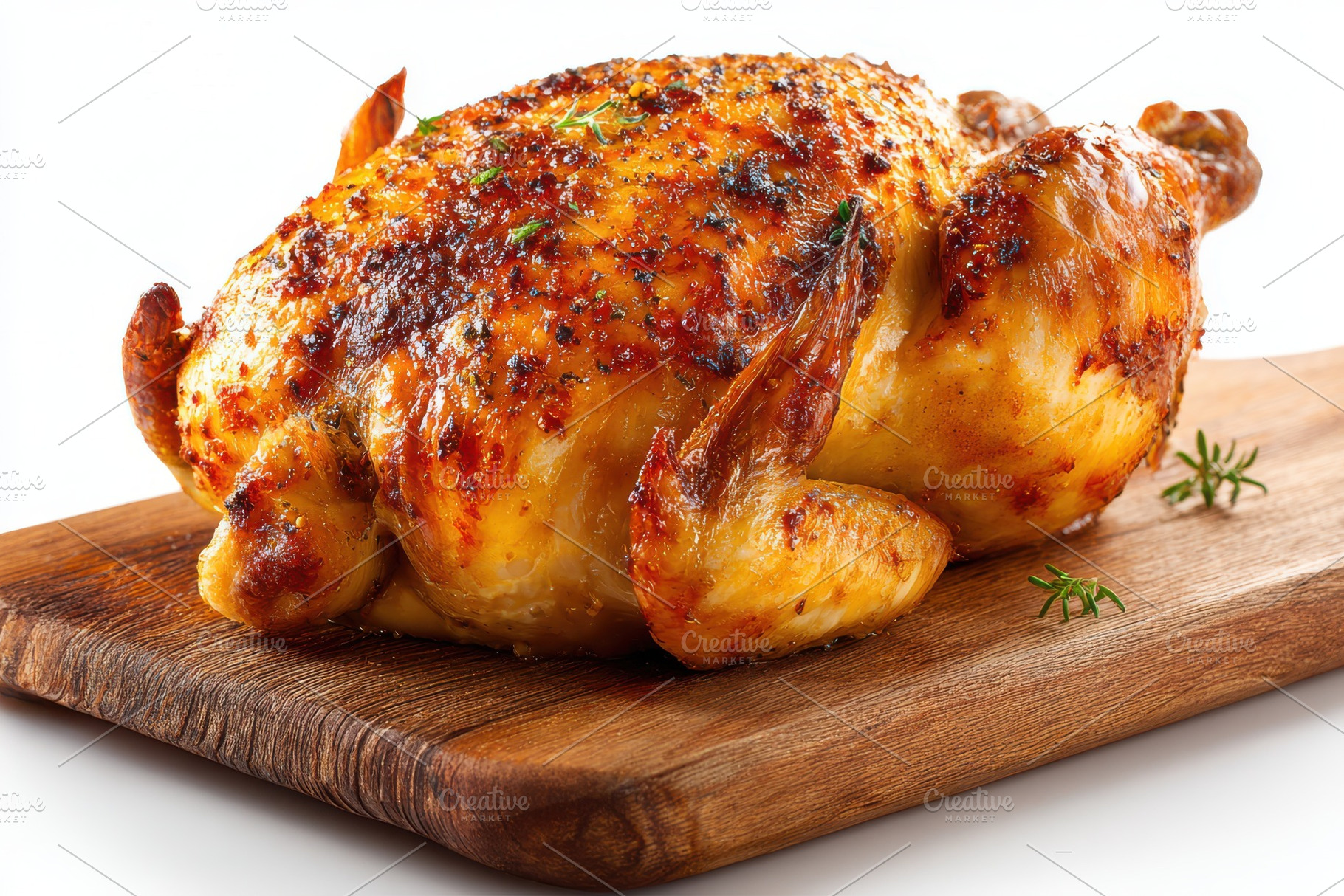 Roasted chicken on wooden board deli, a Photo by Pixeness Studio