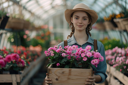 Young woman with wooden crate gardening flowers in greenhouse, a Nature Photo by AlyaAnd