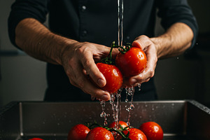 Man washing fresh tomatoes, a Food & Drink Photo by professorinc