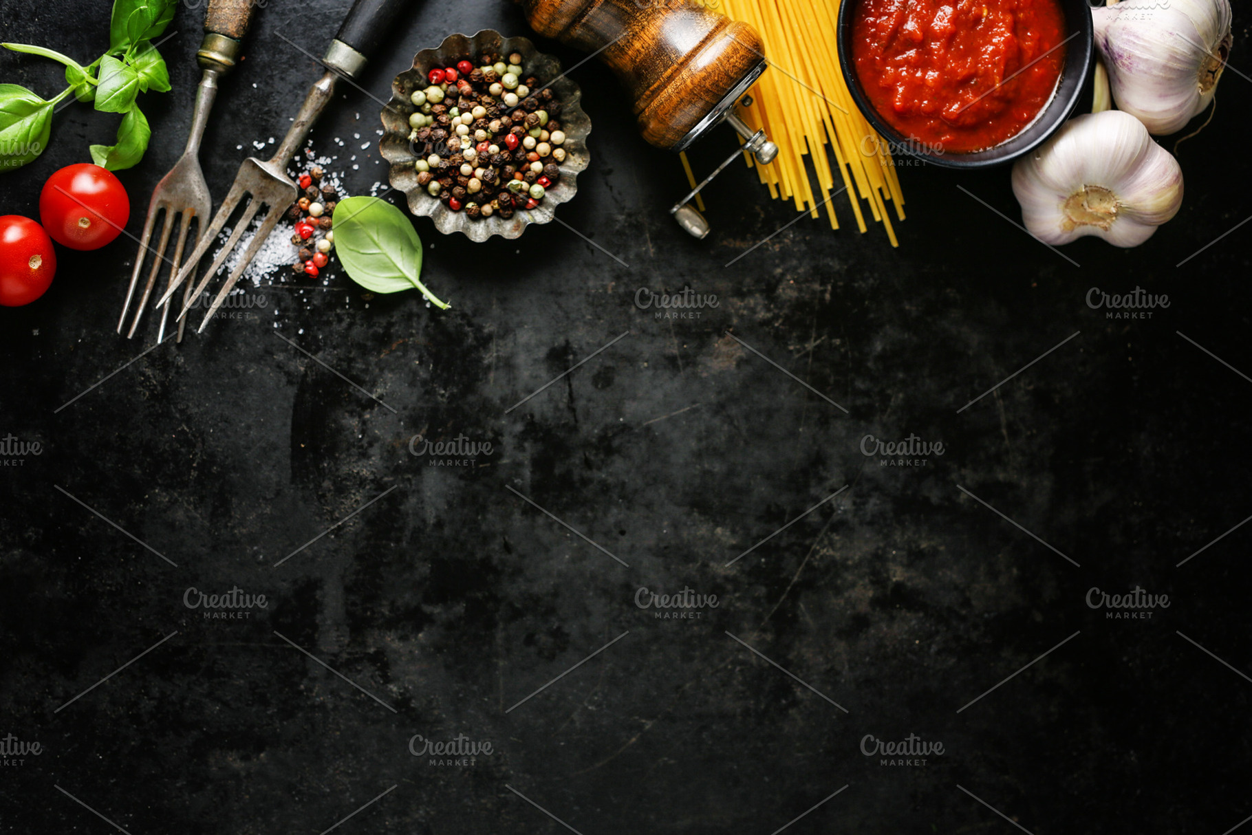 Italian food background with ingredi featuring gastronomy, dark background, a Food & Drink Photo by Valeria Art