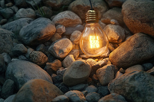 A soft glowing light bulb with rocks, a Photo by Pavel_design