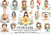 Watercolor Cute Girl Clipart, an Illustration by Designking (Thumbnail 1 of 5)