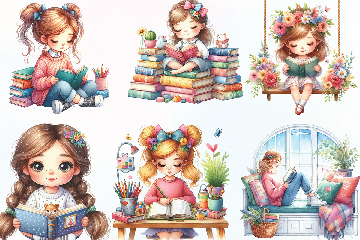 Cute Little Girl Reading Clipart, an Illustration by CraftArtStudio (Photo 2 of 6)