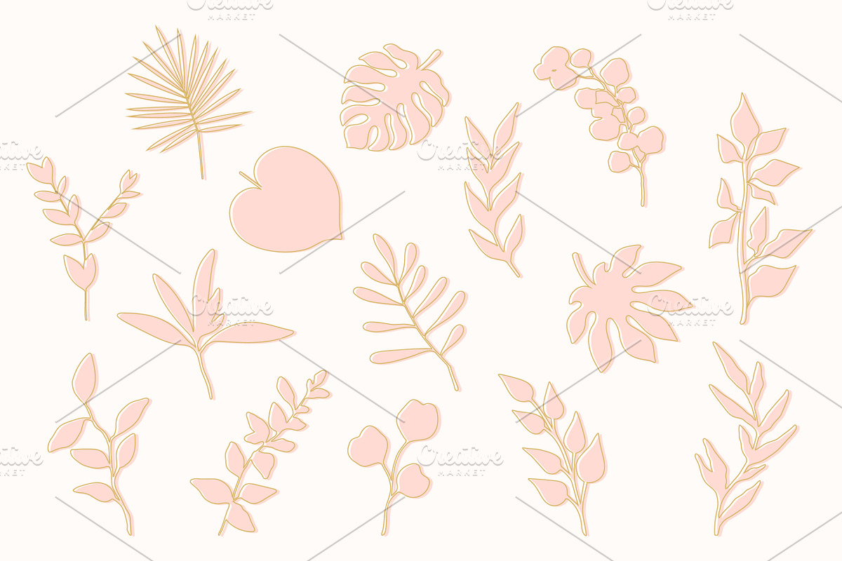 Leaves Foliage Outline Golden Pink, a Decorative Illustration by PsychocheArt