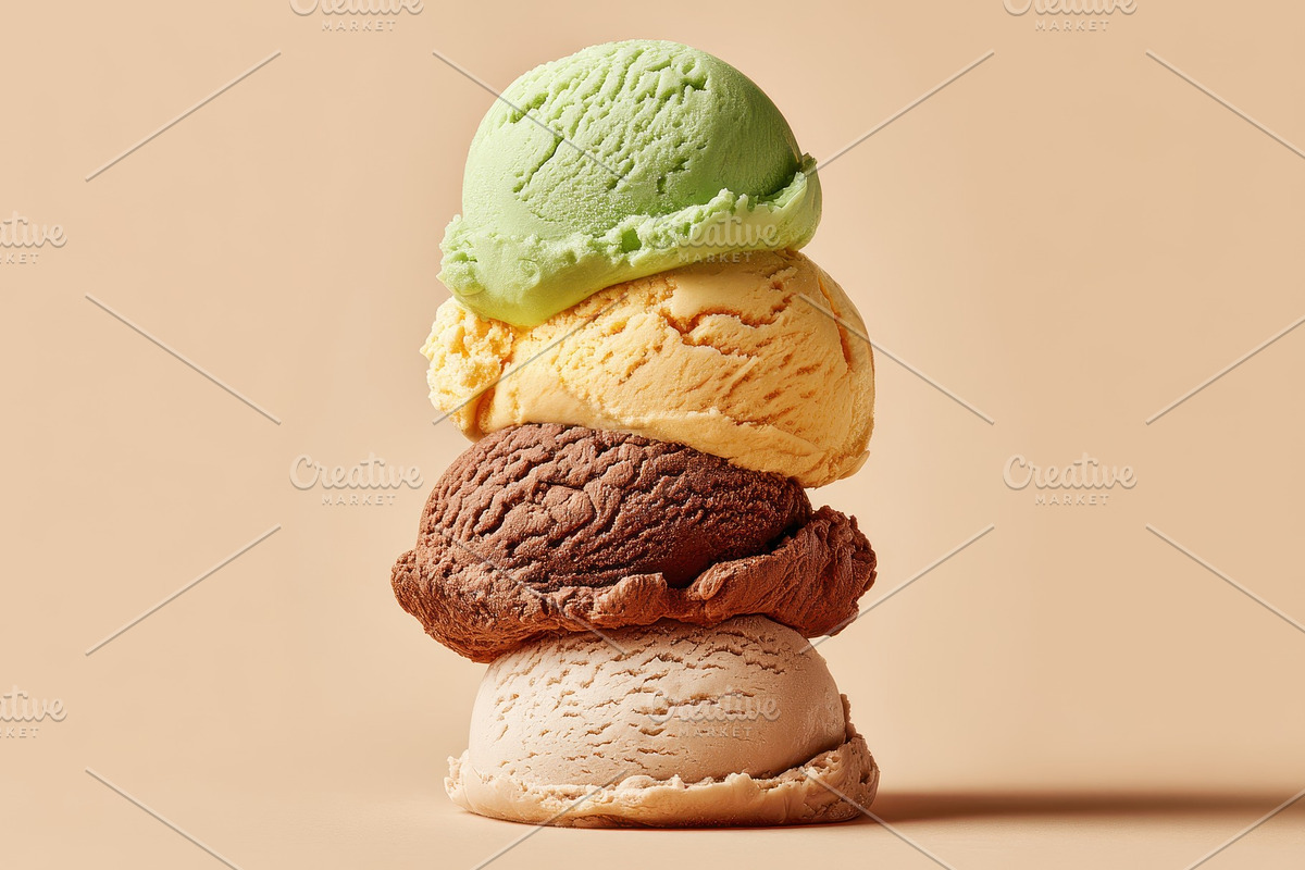 Stacked ice cream scoops on beige background, a Food & Drink Photo by AlyaAnd (Photo 2 of 2)