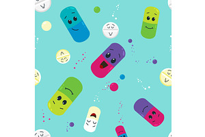 Pills characters seamless pattern, an Object Illustration by LadadikArt
