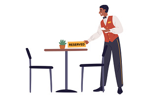 Waiter puts sign reserved for table, a Food Illustration by Vectorbuum