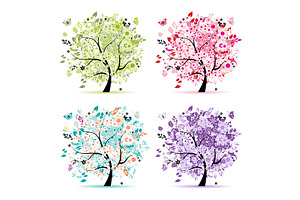 Set Of Floral Trees Beautiful For