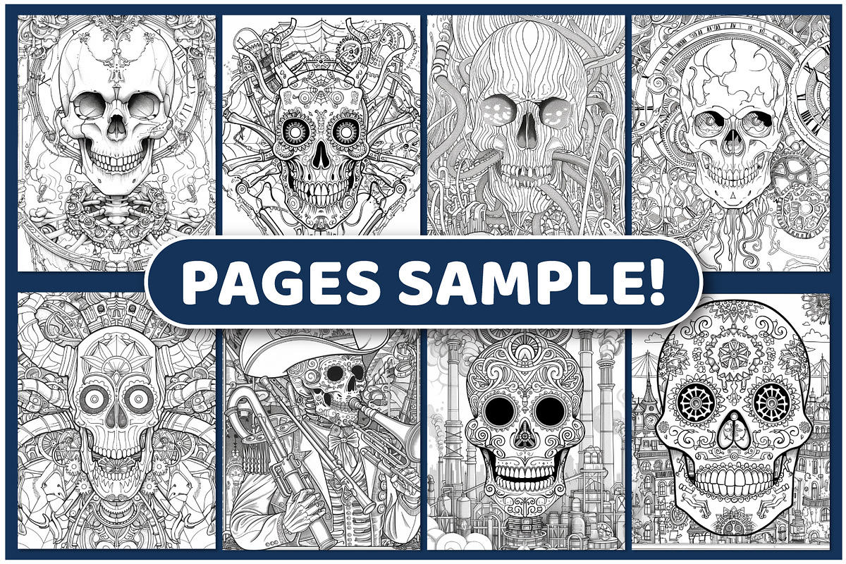 Steampunk Sugar Skulls Coloring Page, an Illustration by BrightMart (Photo 2 of 3)