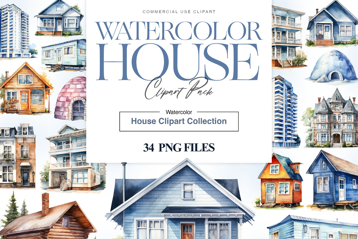Watercolor Houses Clipart, Townhouse, a Decorative Illustration by BrushstrokeArtGB (Photo 1 of 10)