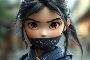 Young warrior wearing a mask stands, a Photo by Tanuart