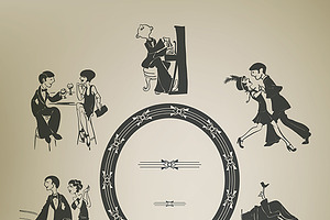 Set of characters in vintage party.