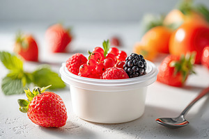 Fresh mixed berries in a white container, a Food & Drink Photo by AlyaAnd