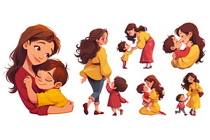 Moms cartoon set. mom girl brunette, a Person Illustration by Stock-Smart-Start