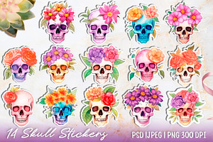 Watercolor skull flowers stickers