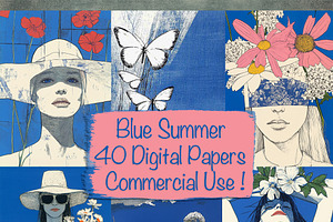 Blue Summer 40 Digital Papers Bundle