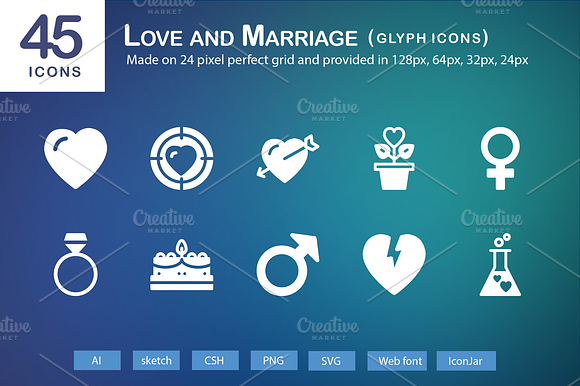 45 Love And Marriage Glyph Icons