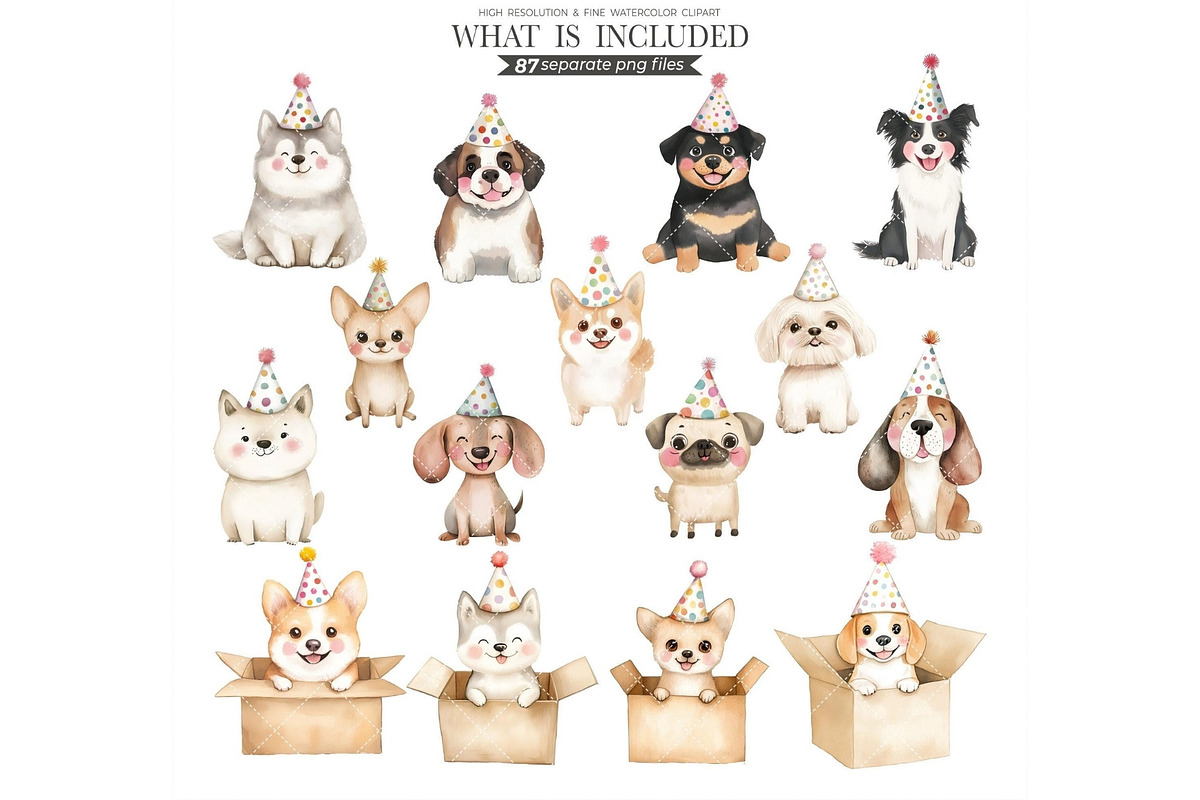 Party Pups Watercolor Clipart, an Illustration by CharmClipart (Photo 3 of 8)