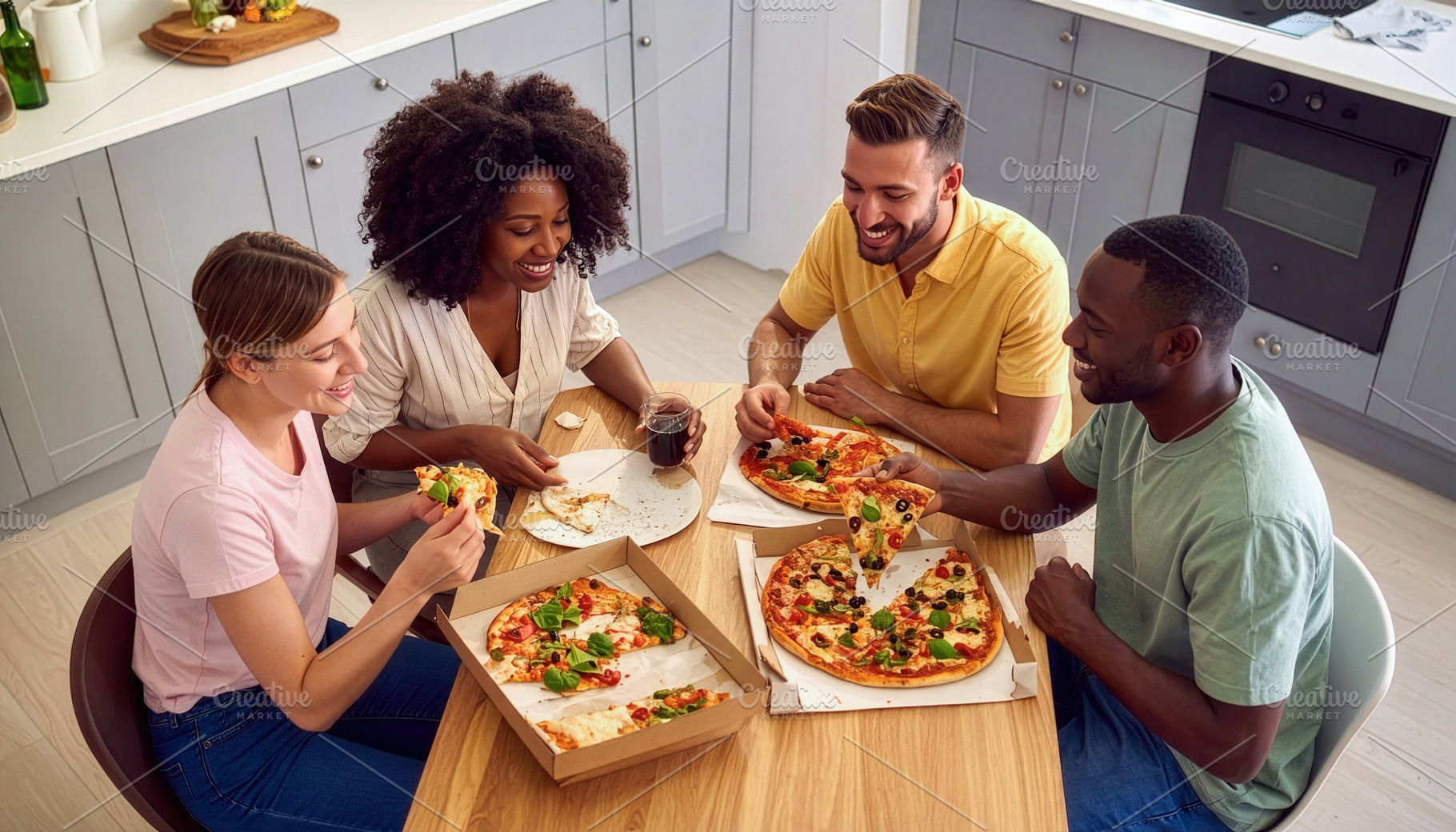 Friends Enjoying Pizza Around Table, a Photo by Davizro's Market