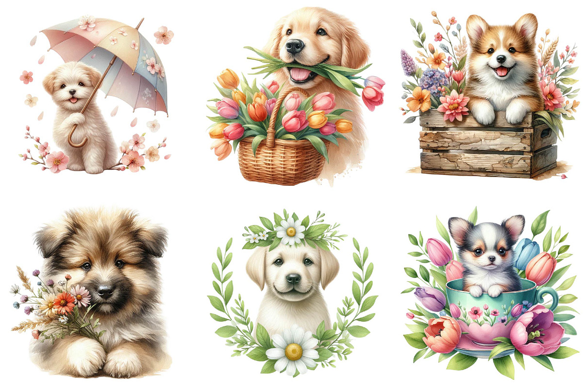 Whimsical Spring Dogs Clipart, an Illustration by DreamPrint404 (Photo 4 of 6)