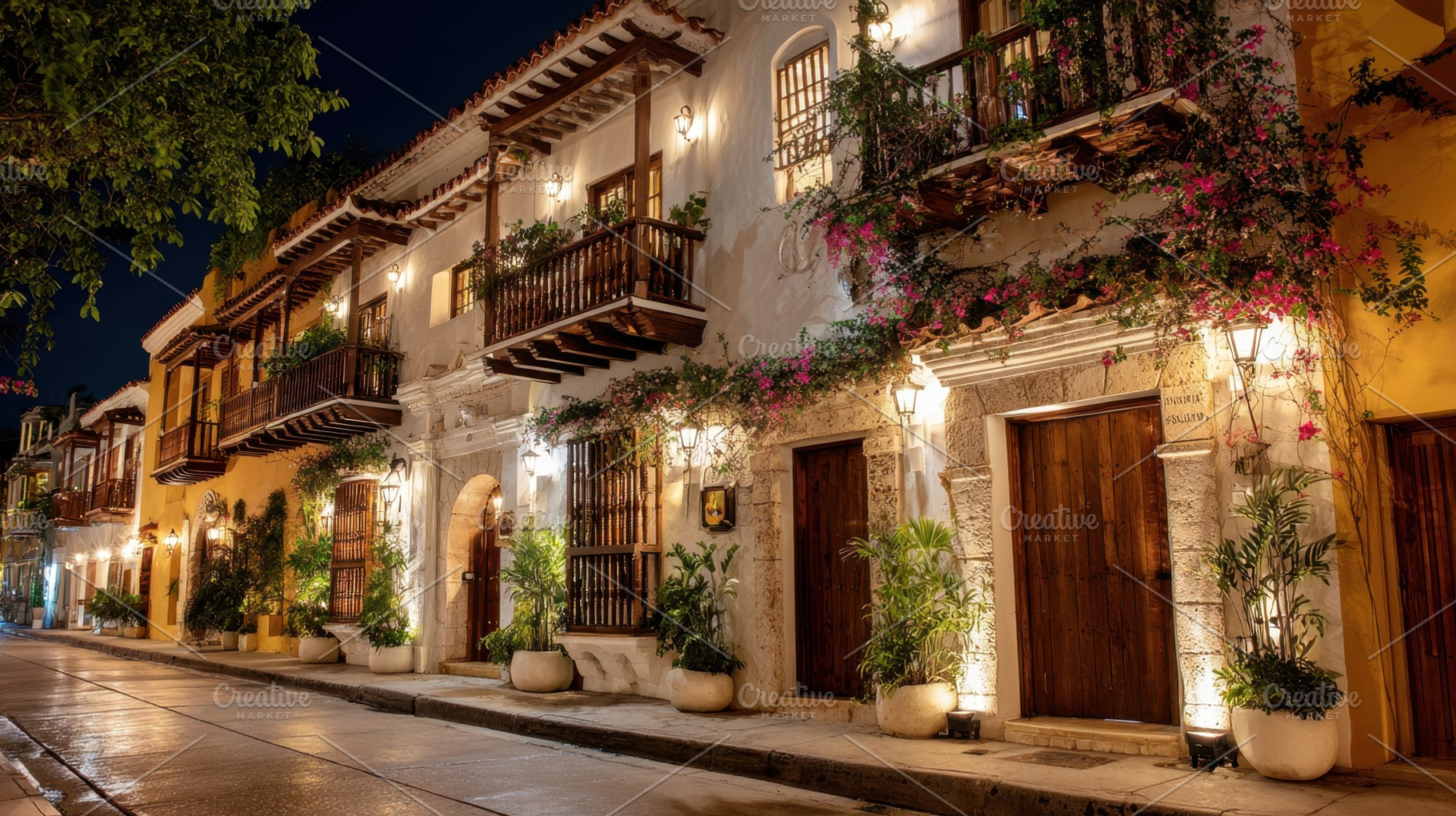 Beautiful colonial street at night, a Photo by Beautiful things