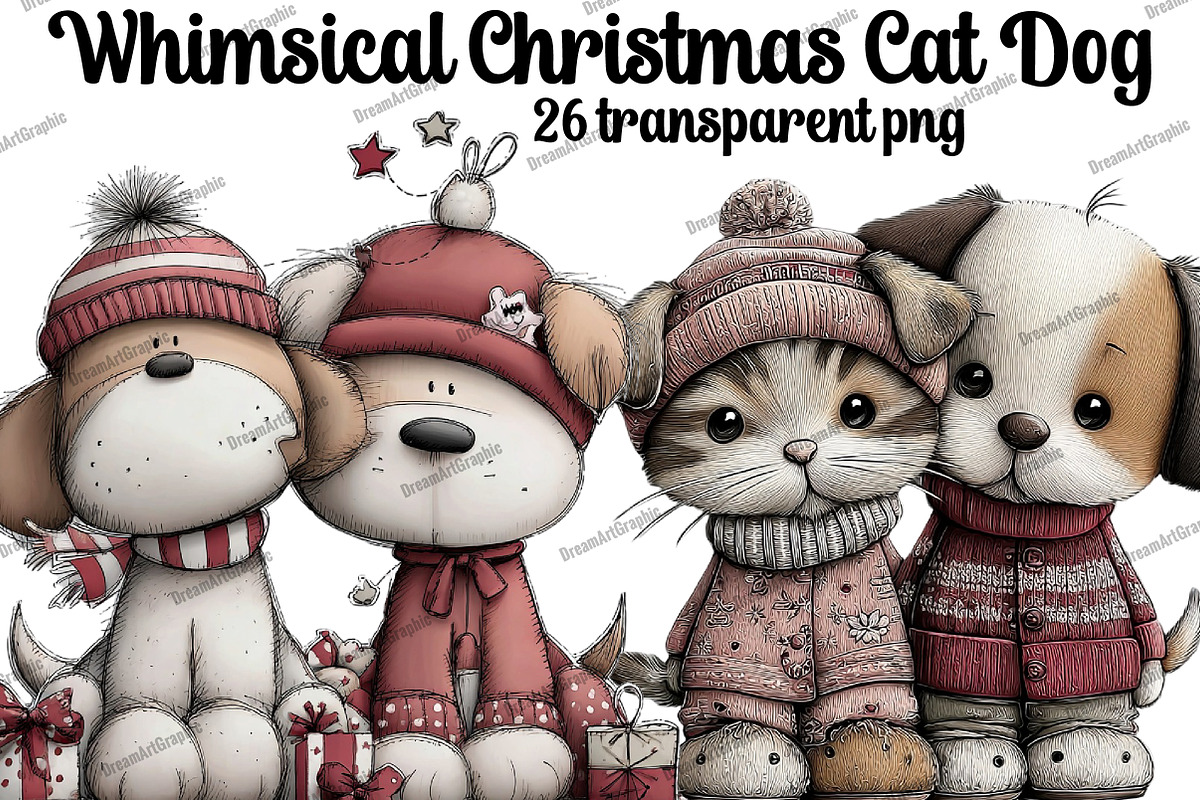 Whimsical Christmas Cat Dog Clipart, an Illustration by DreamArtGraphic (Photo 1 of 5)