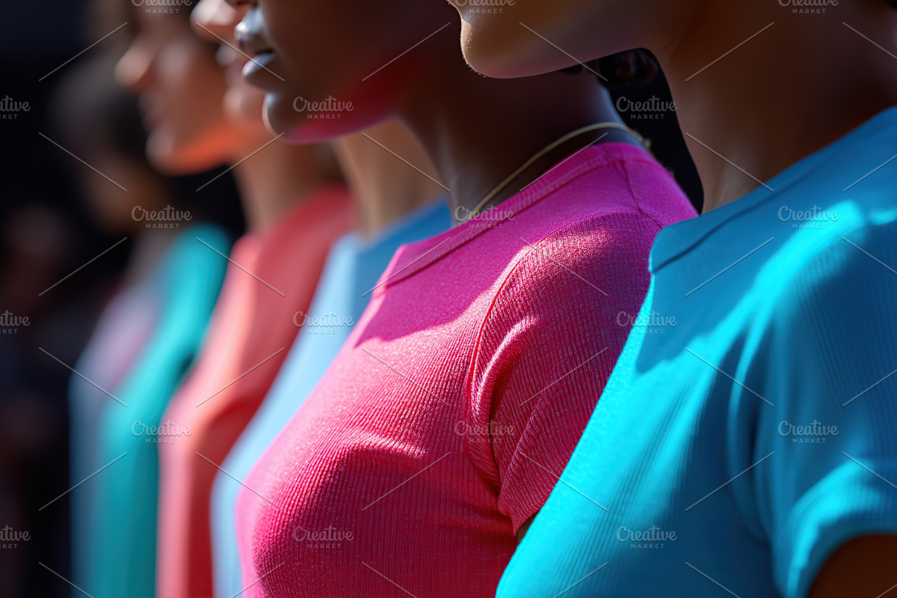 Vibrant t-shirts showcase diversity and style among women in a gathering outdoo, a Person Photo by AlyaAnd