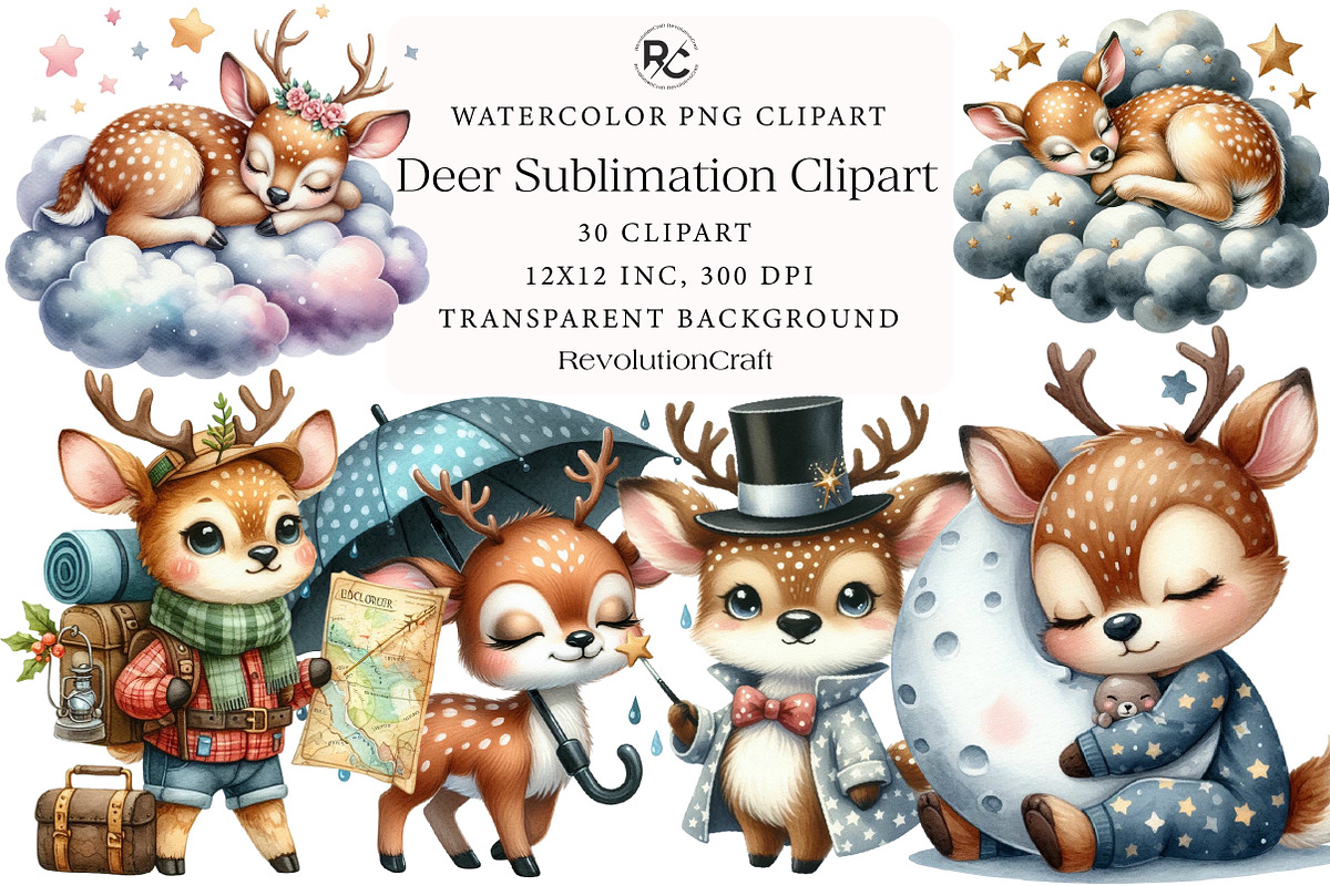 Watercolor Deer Sublimation Clipart, an Illustration by OK Design (Photo 1 of 5)