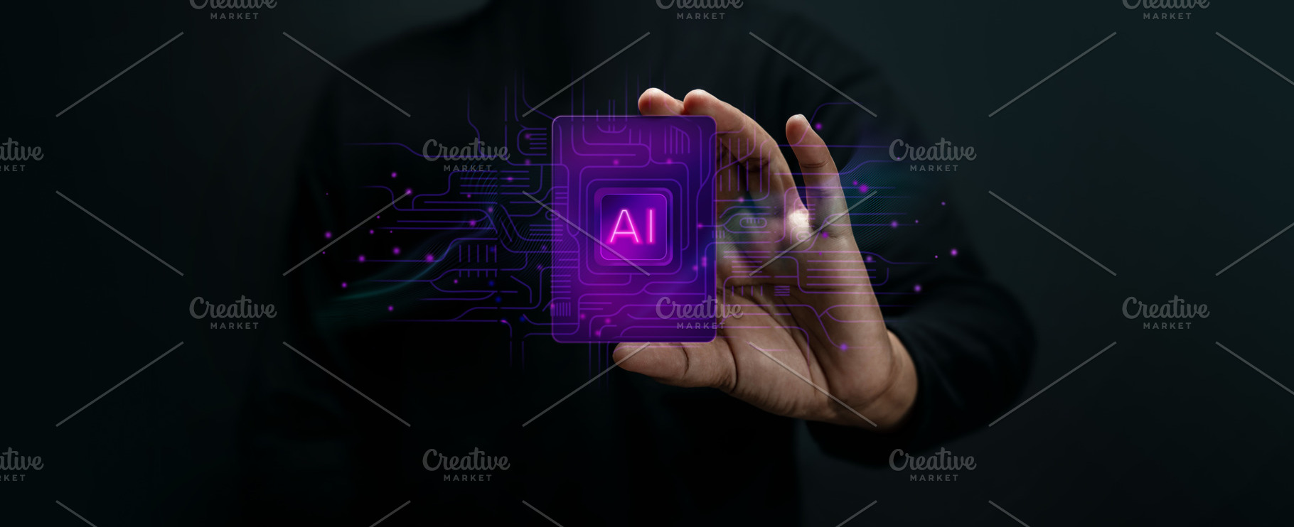 Hand Holding AI Chip in a dark tech futuristic theme. Artificial, a Photo by salmon.black