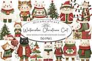 Watercolor Christmas Cat Clipart, an Illustration by DreamCafeArt (Thumbnail 1 of 6)