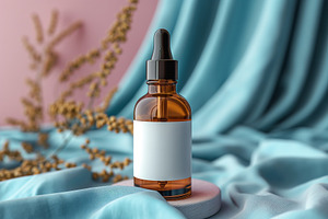 Amber glass bottle with dropper on soft teal fabric, surrounded by dried foliag, a Background Photo by ImageMir