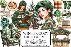 Winter Cozy Green Cottage Clipart, an Illustration by Libby Wishes