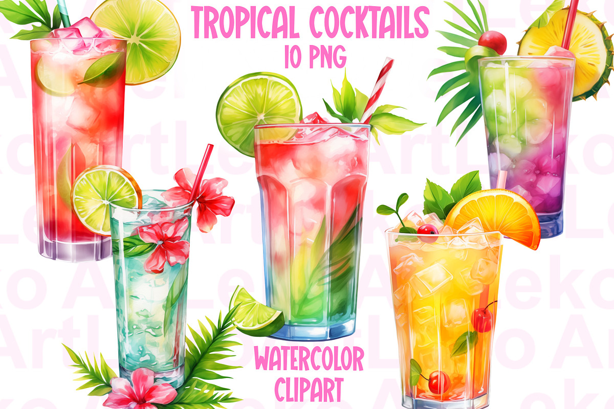 Tropical Cocktails Clipart, a Food Illustration by LekoArt (Photo 1 of 10)
