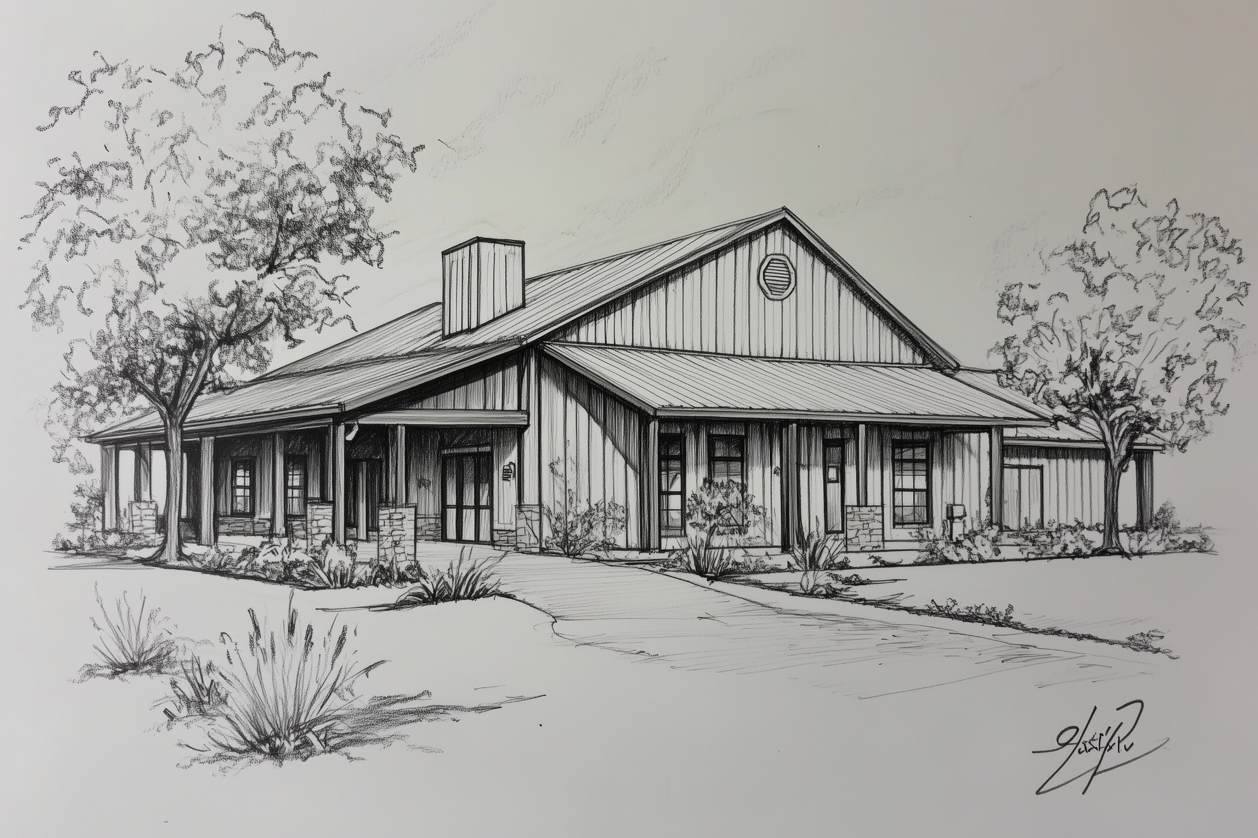 A detailed sketch of a modern Barndominium house style farmhouse with a ...