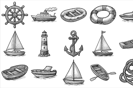 Hand Drawn Nautical Boat Set, an Illustration by Sempu