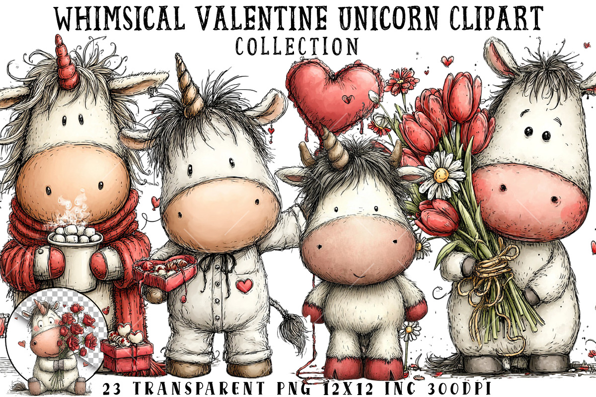 Whimsical Valentine Unicorn Clipart, an Illustration by OK Design (Photo 1 of 6)
